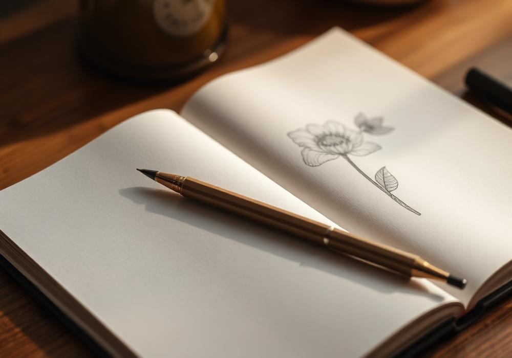 Open sketchbook with a fine pencil drawing of a flower